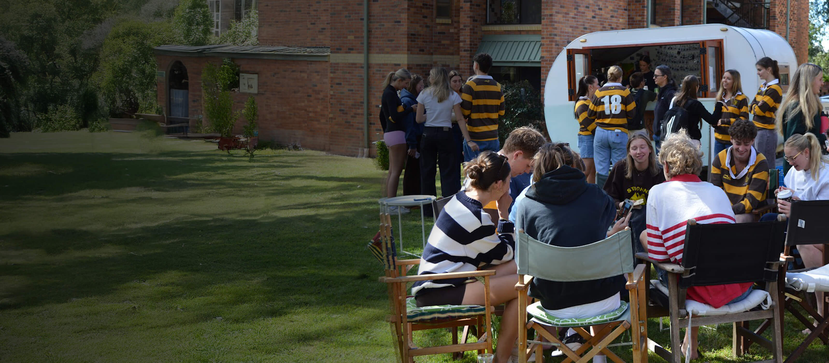 Students enjoying time together by the coffee cart